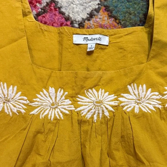 Madewell Mustard Yellow Embroidered Daisy Square-Neck Blouse - Picture 4 of 7